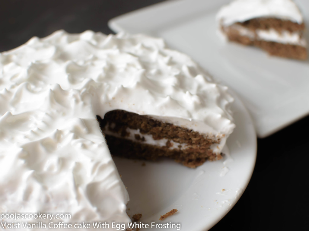 Moist Vanilla Coffee cake With Egg White Frosting | poojascookery.com