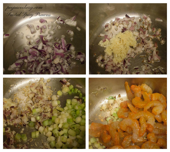 Saute onions,gingergarlic,scalions and prawns | poojascookery.com