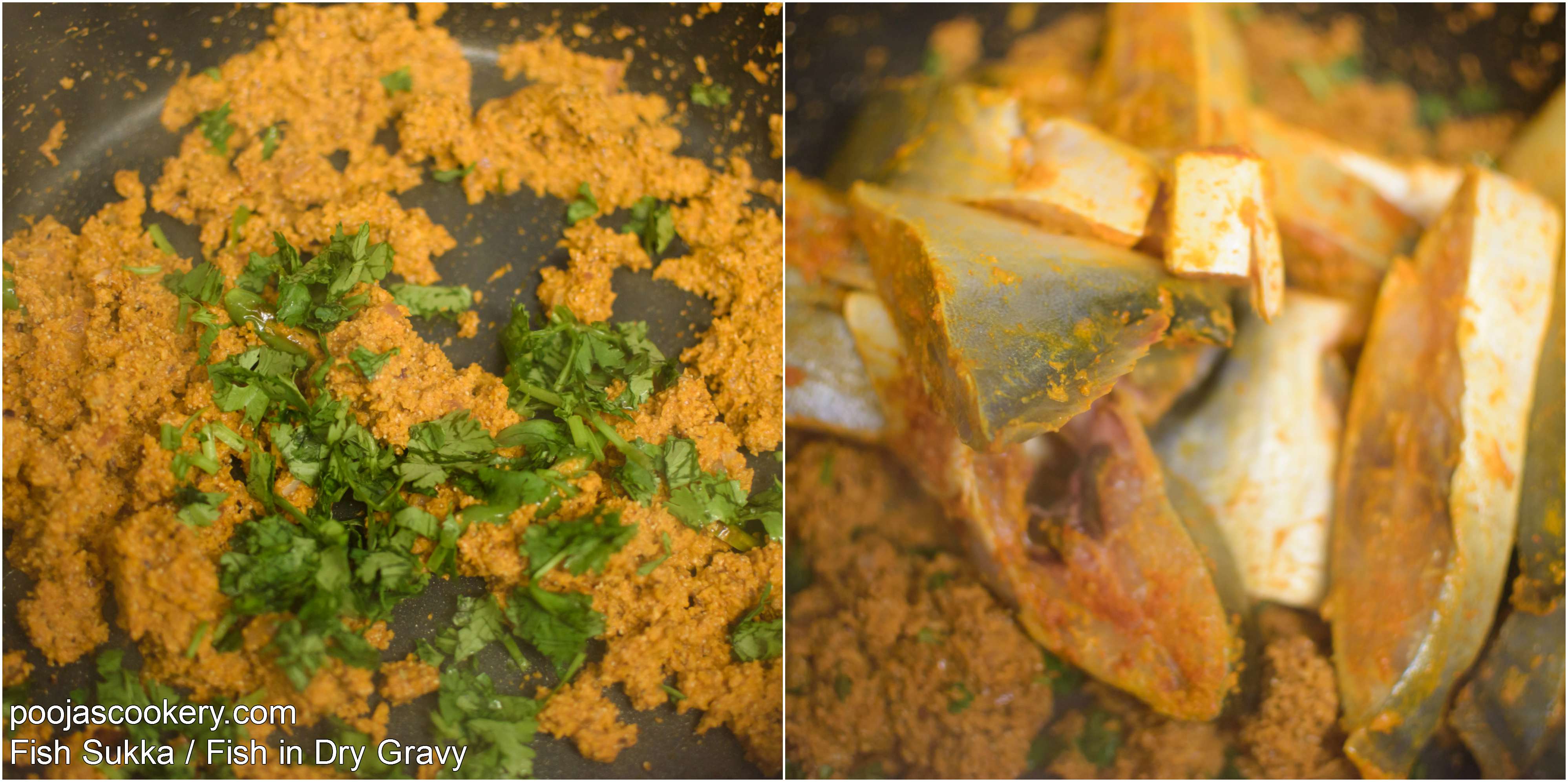 Coriander leaves and fish added to sauted paste| poojascookery.com